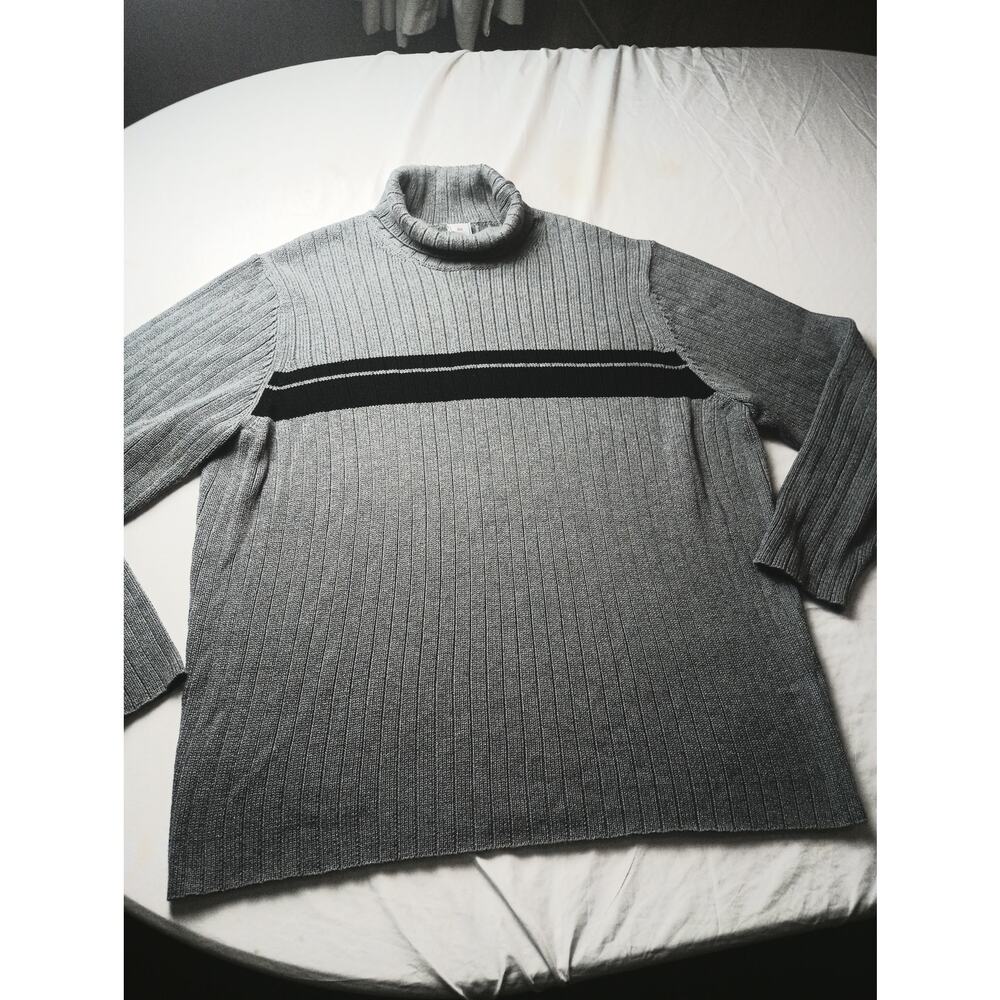 Vintage Y2K Men's Gray Strip Ribbed Turtle Neck Long sleeve Shirt‎ Size XXL